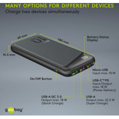 Portable batterier - Goobay 10.000 mAh hurtigopladende PowerBank-batteri med USB-C PD, QC 3.0