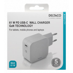 Universal computeroplader - Deltaco USB-C-oplader 60W til computere eller telefoner, PD GaN-teknologi