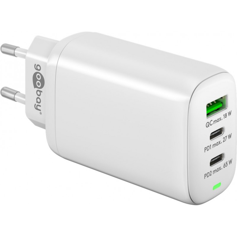 Opladere og kabler - Strømadapter med USB-C PD 65W og hurtig opladning (2x USB-C, 1x USB)