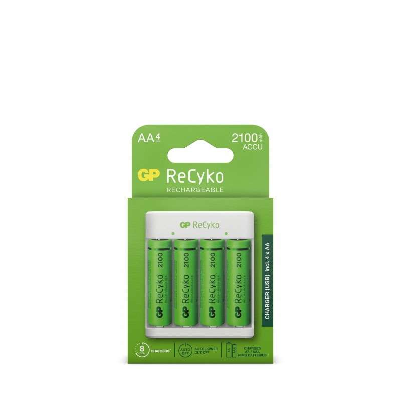 Batteri - GP ReCyko batterioplader med 4 genopladelige AA-batterier (2100 mAh)