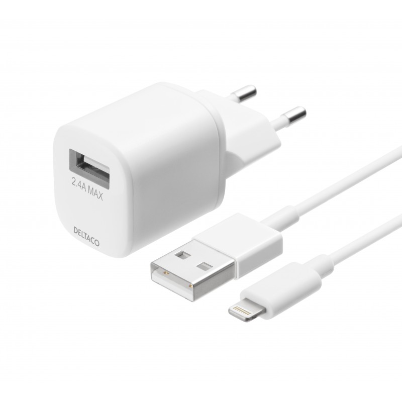 Smartphone- & mobiltilbehør - Vægoplader med 1M USB-A til Lightning-kabel, 2,4A 12W, hvid