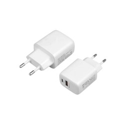 Universal 18W USB-A/USB-C-vægoplader med PD/QC3.0, hvid (bulk*) (ikke til iphone 15/16)