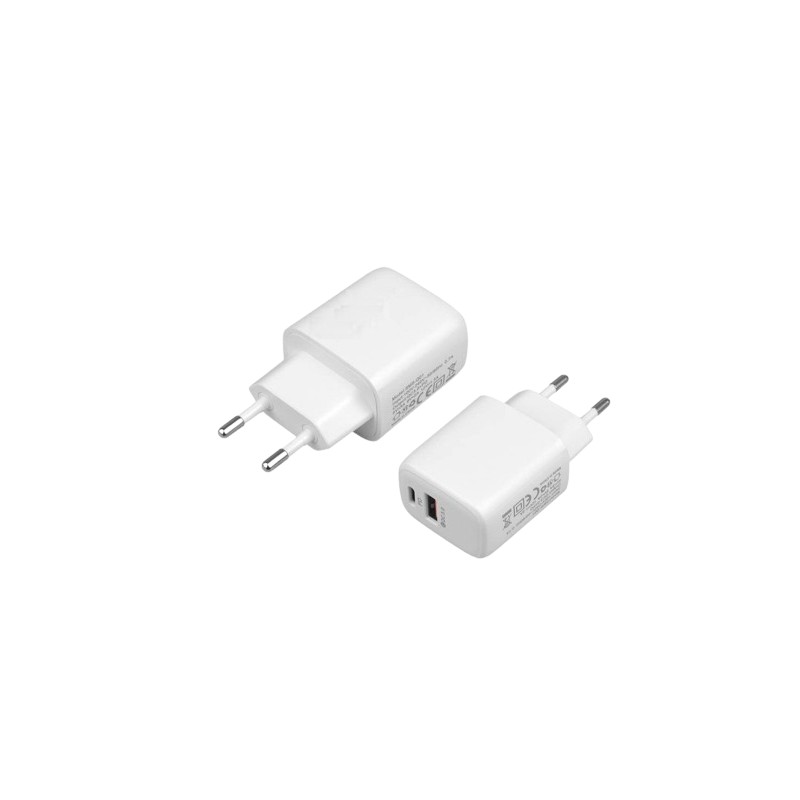 Vægladere til mobiltelefon - Universal 18W USB-A/USB-C-vægoplader med PD/QC3.0, hvid (bulk*) (ikke til iphone 15/16)