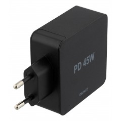 Universal computeroplader - Deltaco 53W USB-C strømadapter, QC 3.0, USB-C PD 45W, USB-A 5V 12W, sort