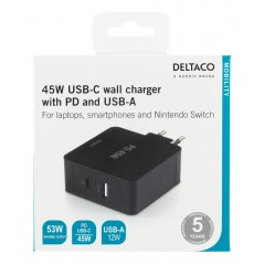 Universal computeroplader - Deltaco 53W USB-C strømadapter, QC 3.0, USB-C PD 45W, USB-A 5V 12W, sort