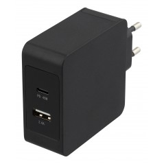 Deltaco 53W USB-C strømadapter, QC 3.0, USB-C PD 45W, USB-A 5V 12W, sort