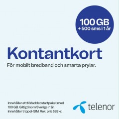 Telenor forudbetalt 4G mobilt bredbåndskort i 1 år (100 GB) i Sverige