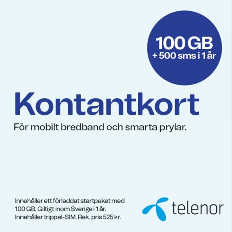 Taletidskort og startpakker - Telenor forudbetalt 4G mobilt bredbåndskort i 1 år (100 GB) i Sverige