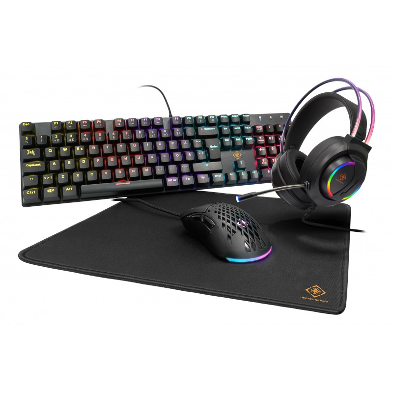 Pakke med gamingtastatur og mus - Deltaco RGB 4-i-1 gamingsæt med mekanisk tastatur, headset, mus og musemåtte