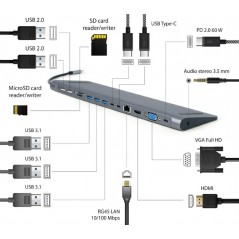 Computertilbehør - Gembird USB-C Multiport universal dockningsstation 9-i-1 4K@30Hz 2K@60Hz 60W PD (fyndvara)