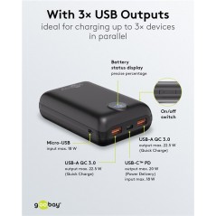 Portable batterier - Goobay powerbank 20.000 mAh med 2x USB-A og 1x USB-C med understøttelse af PD 20W