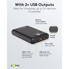 Portable batterier - Goobay powerbank 10.000 mAh med 1x USB-A og 1x USB-C med understøttelse af PD 20W