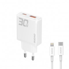 Dudao AC Adapter Wall Charger GaN 30W med 1 USB-C og 1 USB- og Lightning-kabel