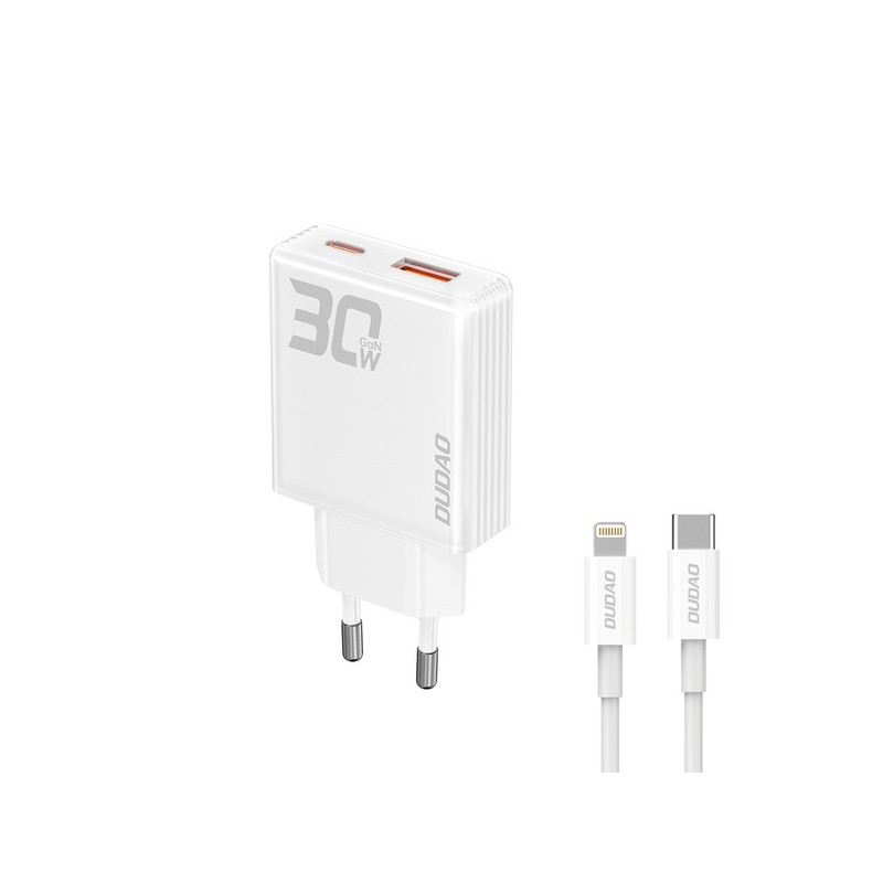 Vægladere til mobiltelefon - Dudao AC Adapter Wall Charger GaN 30W med 1 USB-C og 1 USB- og Lightning-kabel