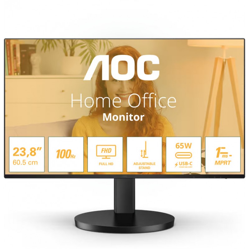 Computerskærm 25" eller større - AOC 27B3CF2 27" Full HD LED-skærm med IPS-panel, ergonomisk fod og USB-C PD65W