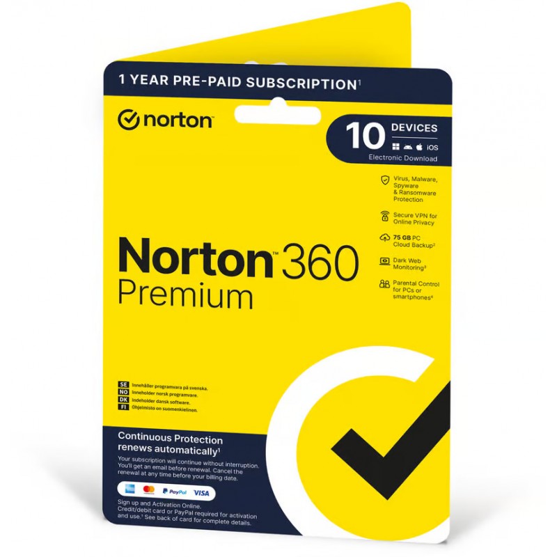 Antivirus - Norton 360 Premium 75 GB alt-i-en-beskyttelse til 10 enheder