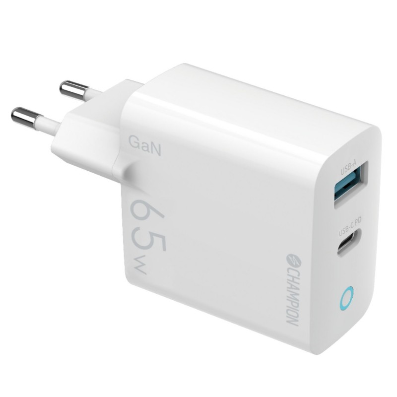 Vægladere til mobiltelefon - Champion AC Adapter Wall Charger GaN 65W med 1 USB-C og 1 USB