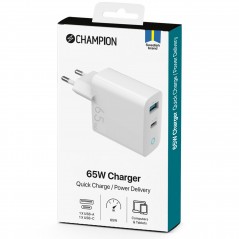 Champion AC Adapter Wall Charger GaN 65W med 1 USB-C og 1 USB