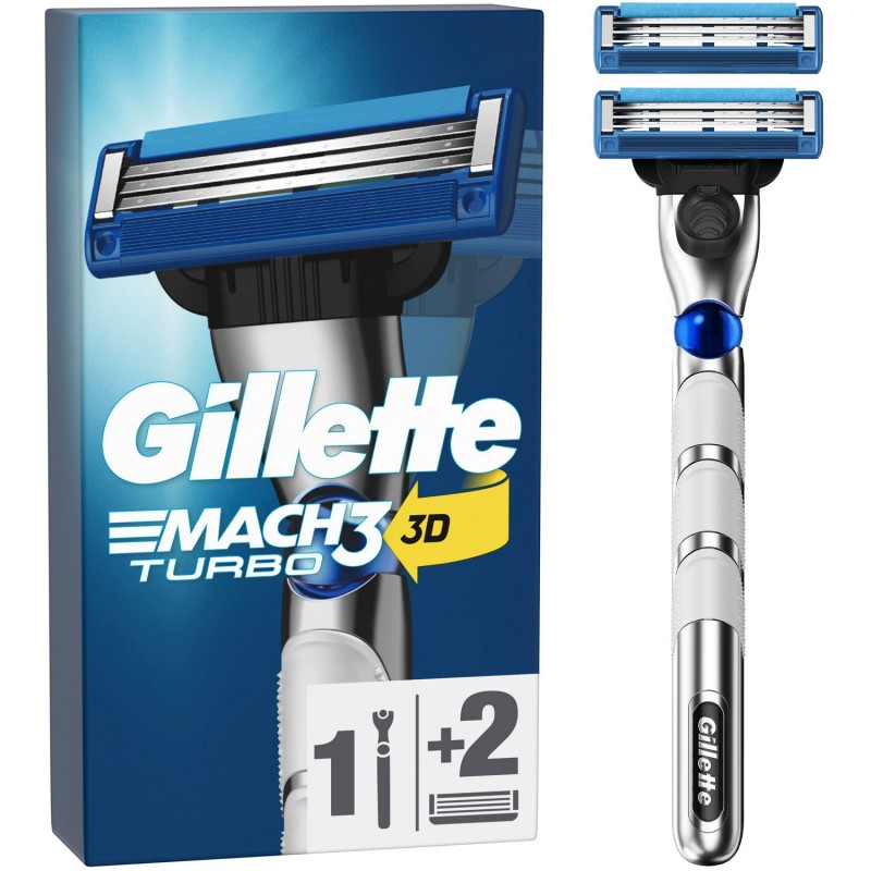 Personlig pleje - Gillette Barberhøvel Mach3 Turbo med 3D-bevægelseshåndtag & 2 barberblade