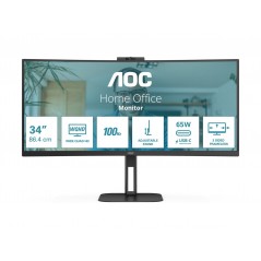 Computerskærm 25" eller større - AOC CU34V5C 34" (3440 x 1440) buet Ultrawide Monitor med USB-C PD 65W og højttalere