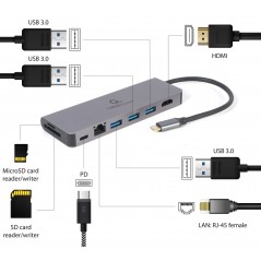 Skærmkabel & skærmadapter - USB-C 7-i-1 Multiport til HDMI/3xUSB 3.0/LAN/SD-kort/USB-C-adapter 100W PD 4K@30Hz 2K@60Hz